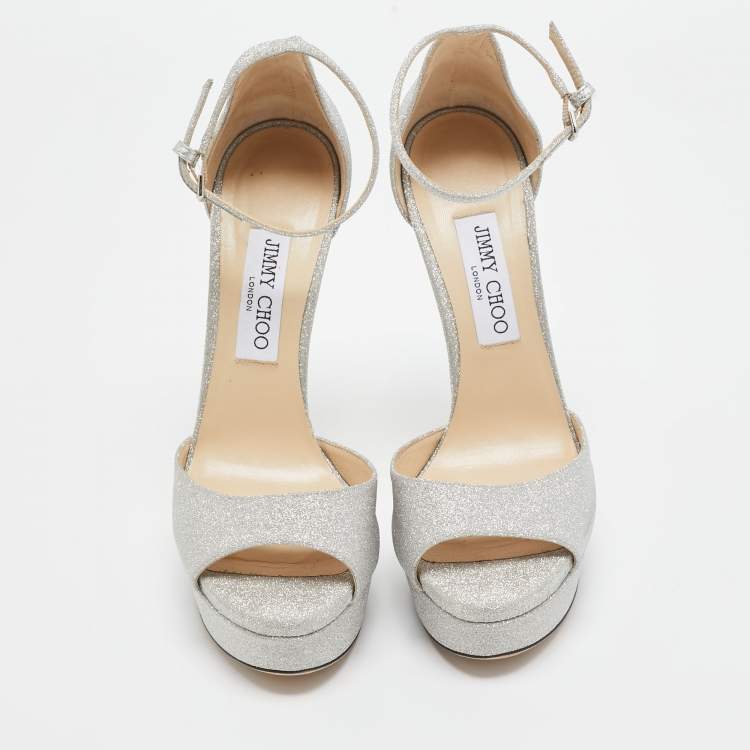 Pre Owned Jimmy Choo Silver Glitter Max Ankle Strap Sandals Size 39
