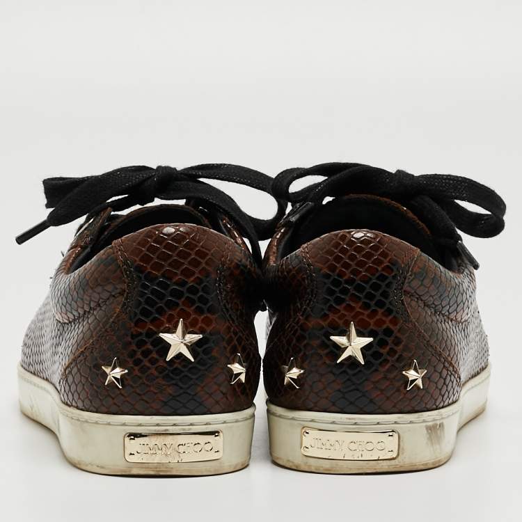 Pre Owned Jimmy Choo Brown Python Embossed Leather Lace Up Sneakers Size 36.5