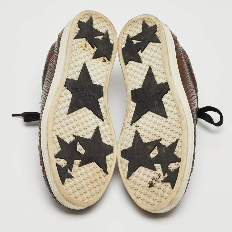 Pre Owned Jimmy Choo Brown Python Embossed Leather Lace Up Sneakers Size 36.5