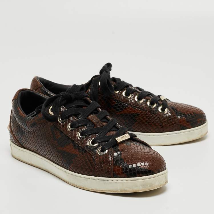 Pre Owned Jimmy Choo Brown Python Embossed Leather Lace Up Sneakers Size 36.5