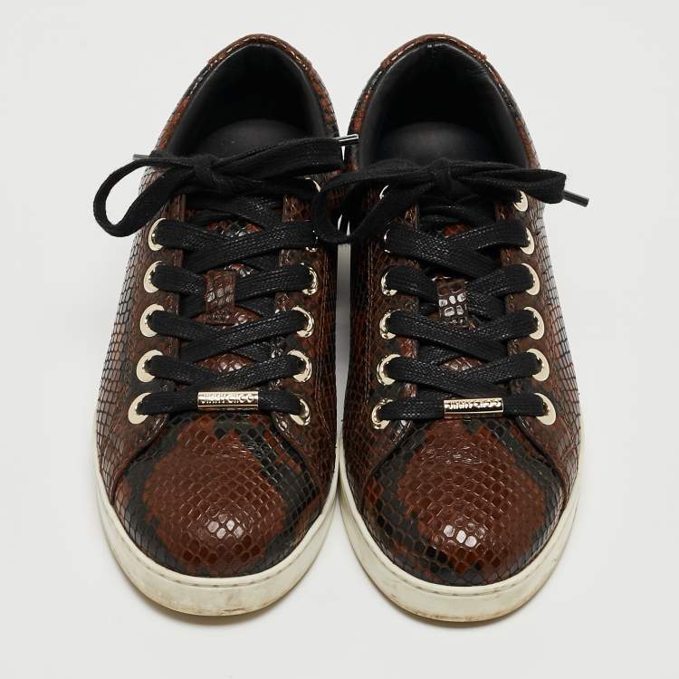 Pre Owned Jimmy Choo Brown Python Embossed Leather Lace Up Sneakers Size 36.5