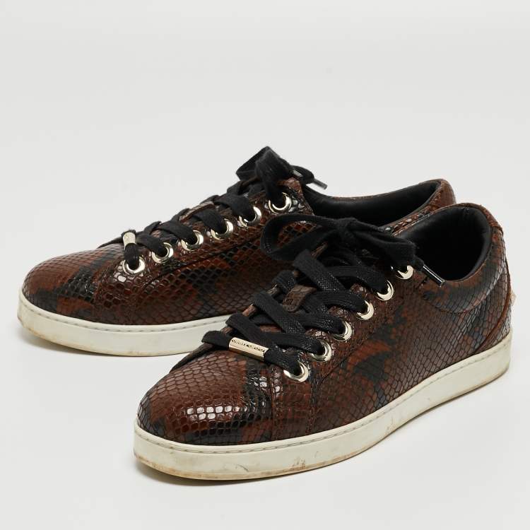 Pre Owned Jimmy Choo Brown Python Embossed Leather Lace Up Sneakers Size 36.5