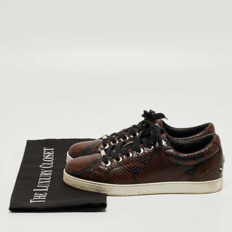 Pre Owned Jimmy Choo Brown Python Embossed Leather Lace Up Sneakers Size 36.5