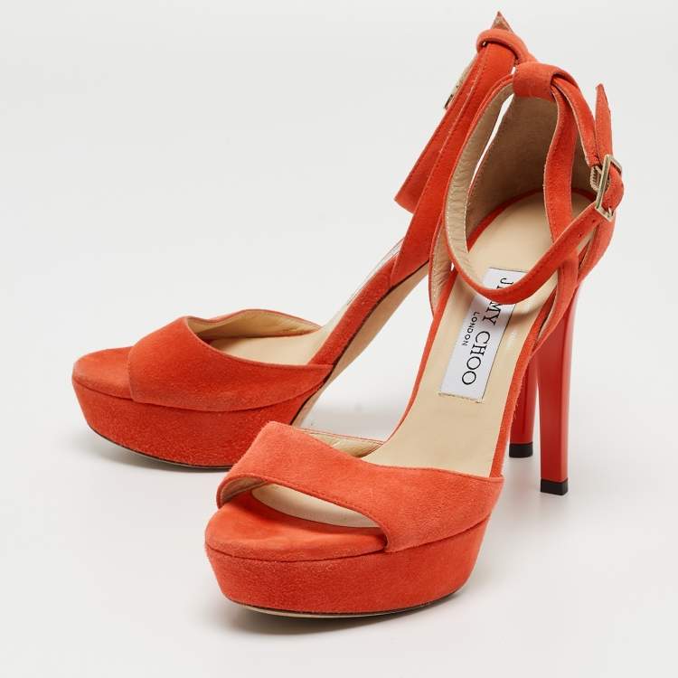 Pre Owned Jimmy Choo Orange Suede Ankle Strap Sandals Size 35.5