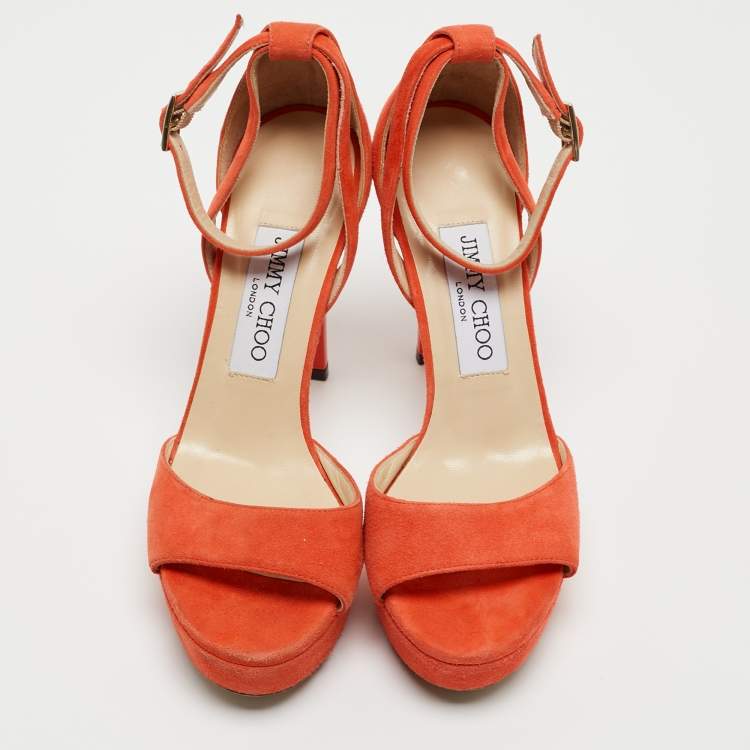 Pre Owned Jimmy Choo Orange Suede Ankle Strap Sandals Size 35.5
