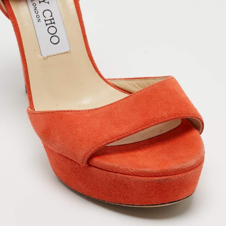 Pre Owned Jimmy Choo Orange Suede Ankle Strap Sandals Size 35.5