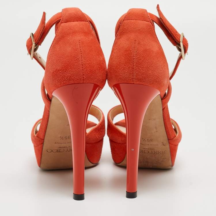 Pre Owned Jimmy Choo Orange Suede Ankle Strap Sandals Size 35.5