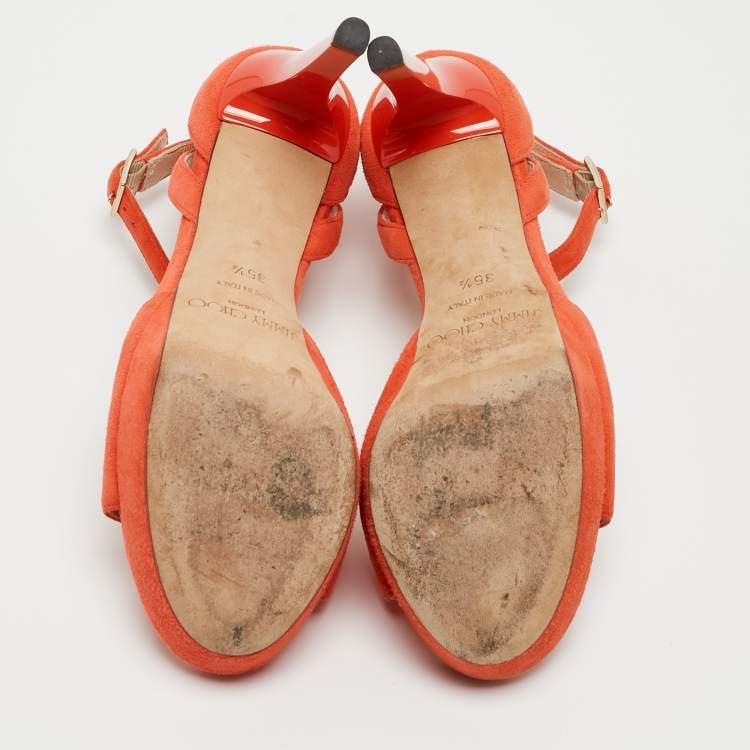 Pre Owned Jimmy Choo Orange Suede Ankle Strap Sandals Size 35.5