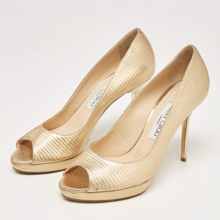 Pre Owned Jimmy Choo Gold Textured Leather Luna Pumps Size 38.5