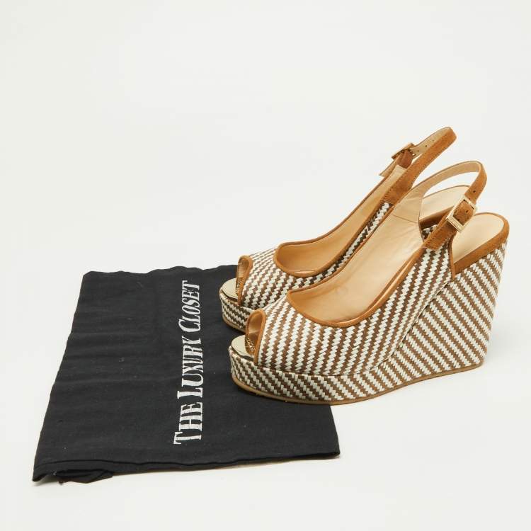 Pre Owned Jimmy Choo Brown/White Raffia and Suede Wedge Ankle Strap Sandals Size 37
