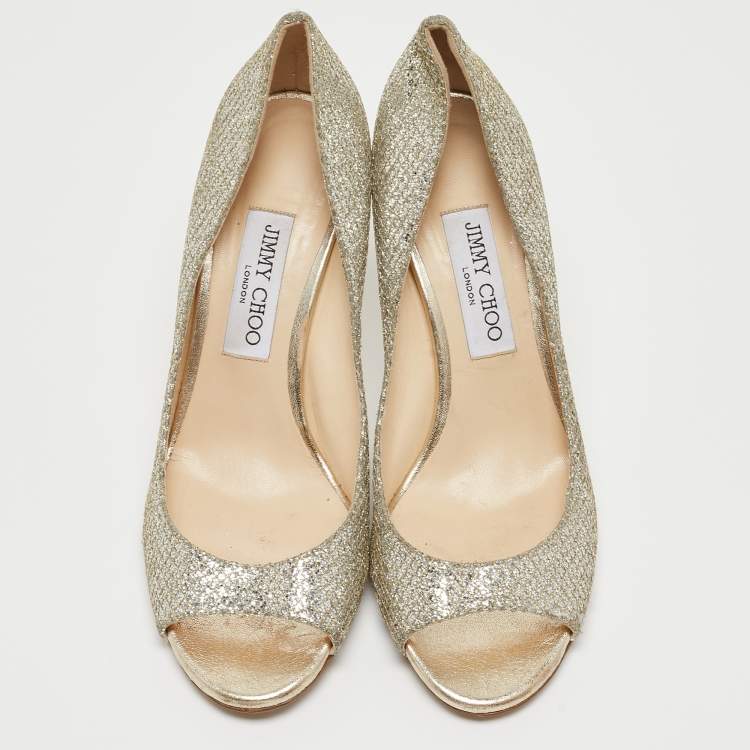 Pre Owned Jimmy Choo Silver/Gold Glitter Fabric Evelyn Pumps Size 39.5