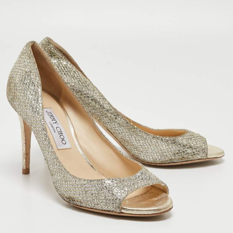 Pre Owned Jimmy Choo Silver/Gold Glitter Fabric Evelyn Pumps Size 39.5