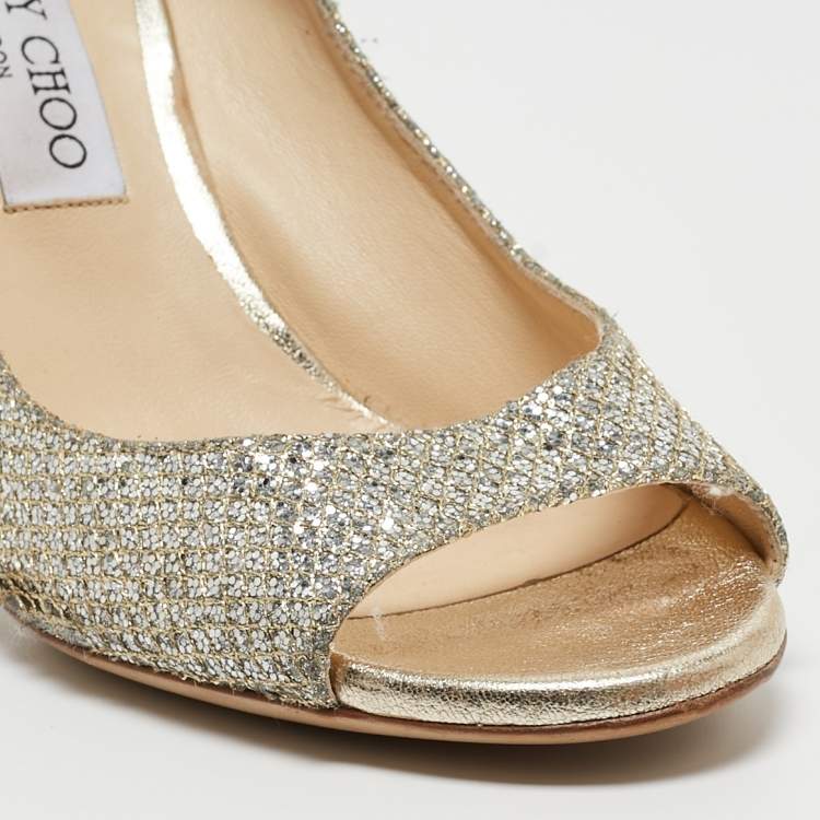 Pre Owned Jimmy Choo Silver/Gold Glitter Fabric Evelyn Pumps Size 39.5