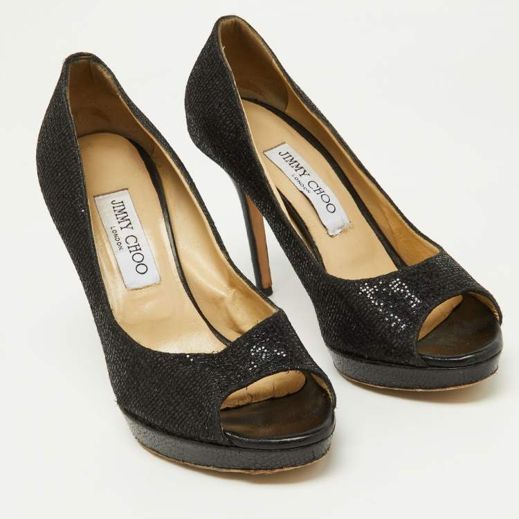 Pre Owned Jimmy Choo Black Glitter Fabric and Leather Luna Platform Pumps Size 39