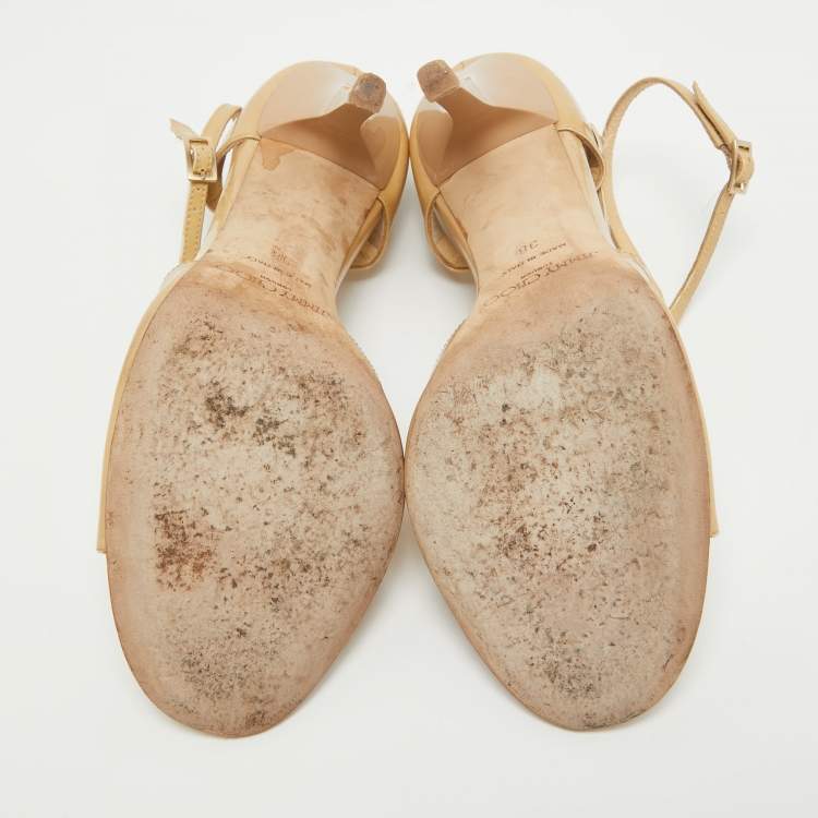 Pre Owned Jimmy Choo Beige Patent Leather Lance Ankle Strap Sandals Size 38