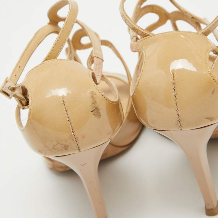Pre Owned Jimmy Choo Beige Patent Leather Lance Ankle Strap Sandals Size 38