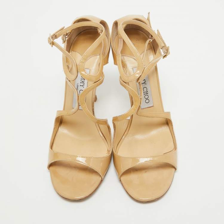 Pre Owned Jimmy Choo Beige Patent Leather Lance Ankle Strap Sandals Size 38