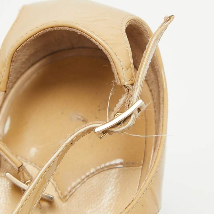 Pre Owned Jimmy Choo Beige Patent Leather Lance Ankle Strap Sandals Size 38