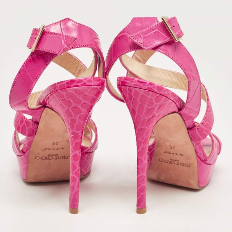 Pre Owned Jimmy Choo Pink Croc Embossed Leather Strappy Lottie Ankle Strap Sandals Size 39