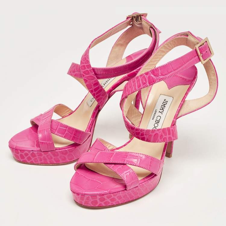 Pre Owned Jimmy Choo Pink Croc Embossed Leather Strappy Lottie Ankle Strap Sandals Size 39