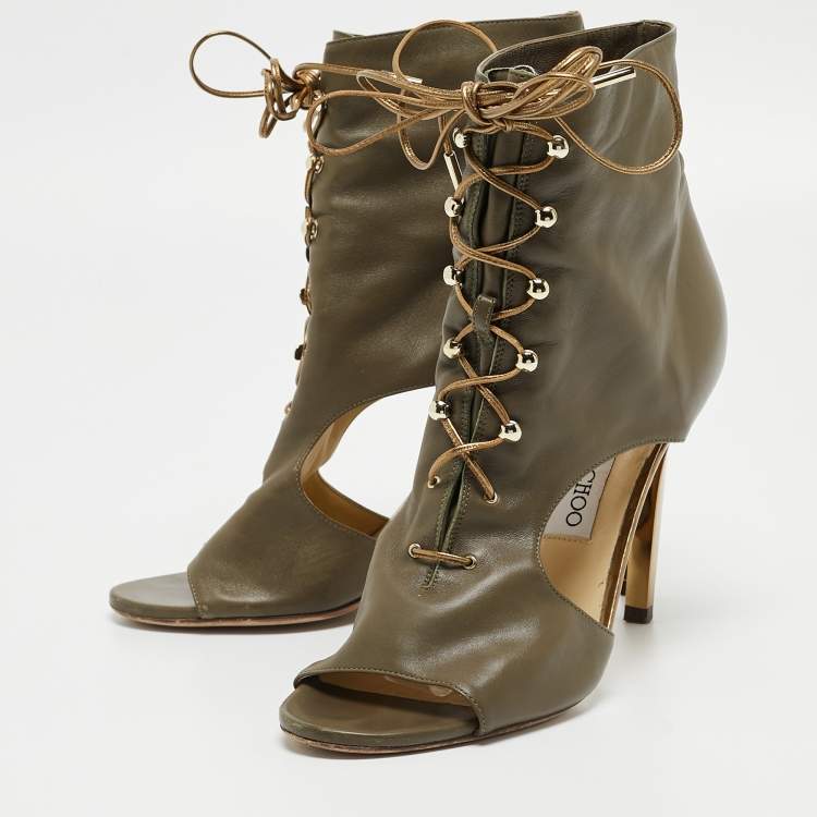 Pre Owned Jimmy Choo Green Leather Lace Up Ankle Boots Size 38  