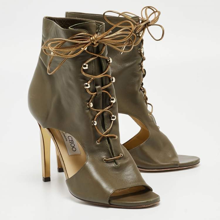 Pre Owned Jimmy Choo Green Leather Lace Up Ankle Boots Size 38  