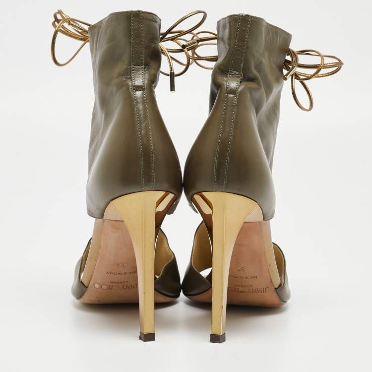 Pre Owned Jimmy Choo Green Leather Lace Up Ankle Boots Size 38  