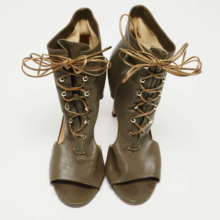 Pre Owned Jimmy Choo Green Leather Lace Up Ankle Boots Size 38  