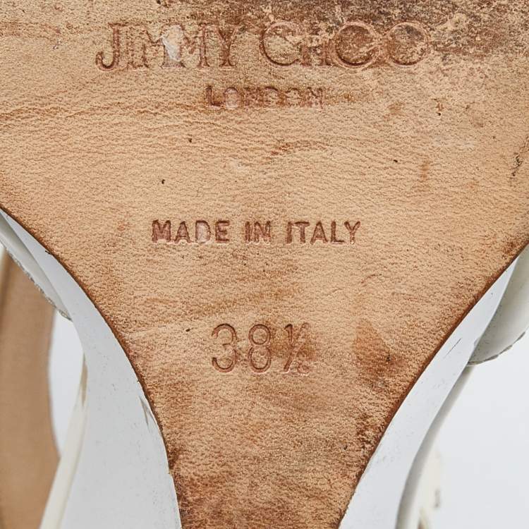 Pre Owned Jimmy Choo White/Cream Patent Leather Token T Strap Wedges Size 38.5