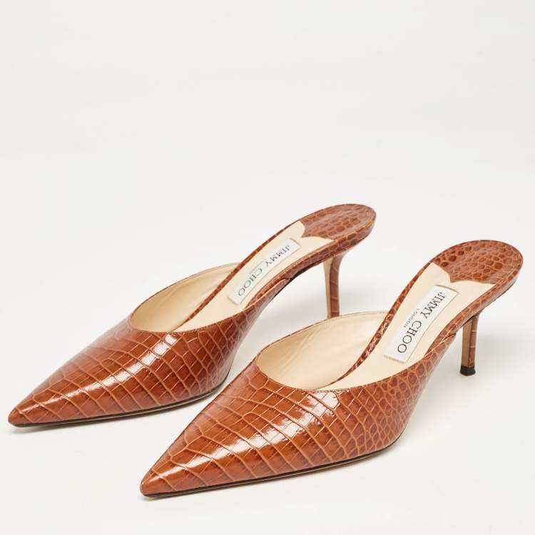 مملوكة مسبقًا Jimmy Choo Brown Croc Embossed Leather Rav Mules Size 41