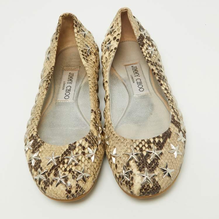 Pre Owned Jimmy Choo Beige Python Embossed Leather Windsor Star Embellished Ballet Flats Size 36