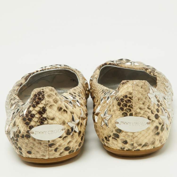 Pre Owned Jimmy Choo Beige Python Embossed Leather Windsor Star Embellished Ballet Flats Size 36