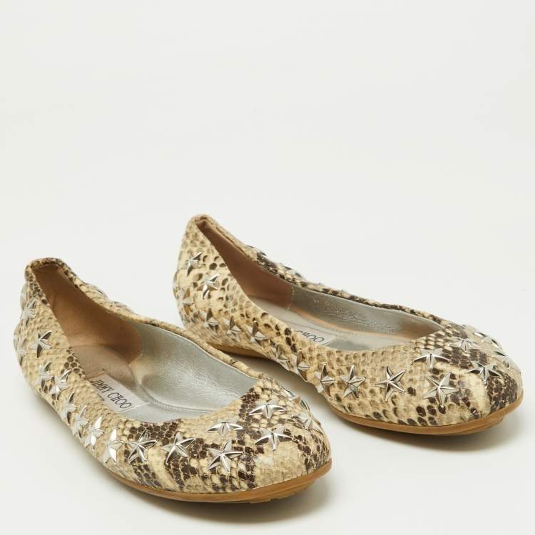 Pre Owned Jimmy Choo Beige Python Embossed Leather Windsor Star Embellished Ballet Flats Size 36