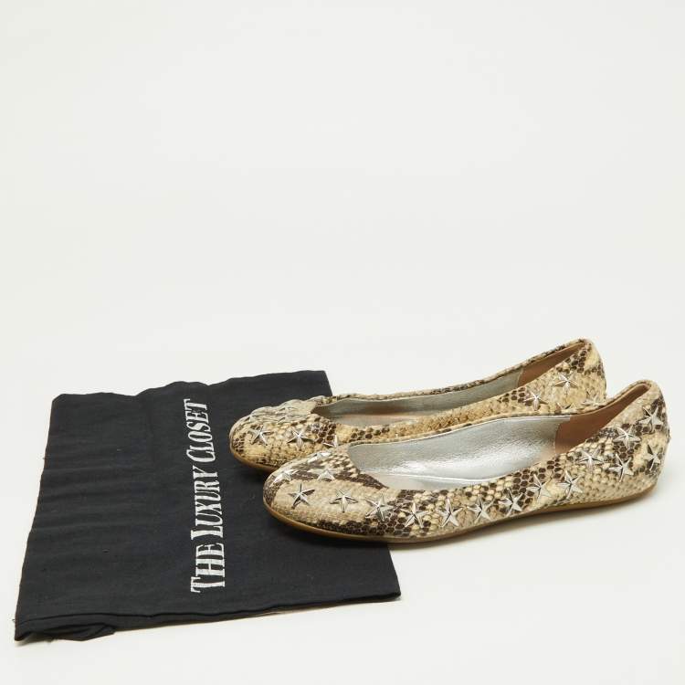 Pre Owned Jimmy Choo Beige Python Embossed Leather Windsor Star Embellished Ballet Flats Size 36