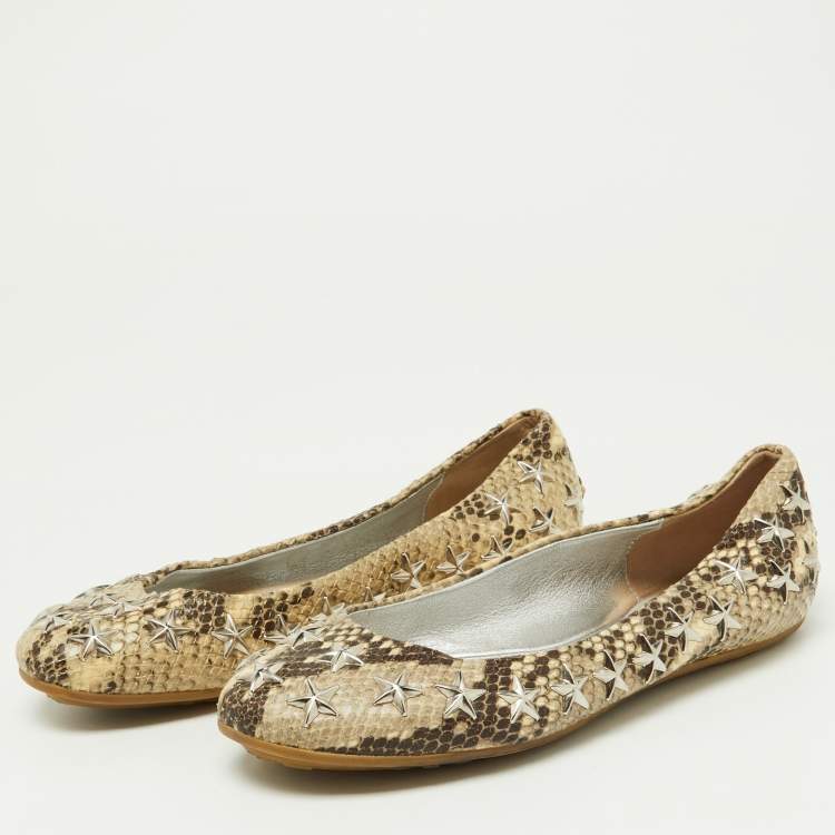 Pre Owned Jimmy Choo Beige Python Embossed Leather Windsor Star Embellished Ballet Flats Size 36
