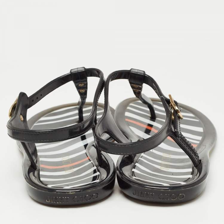 Pre Owned Jimmy Choo Black/White Jelly Thong Sandals Flats Size 40