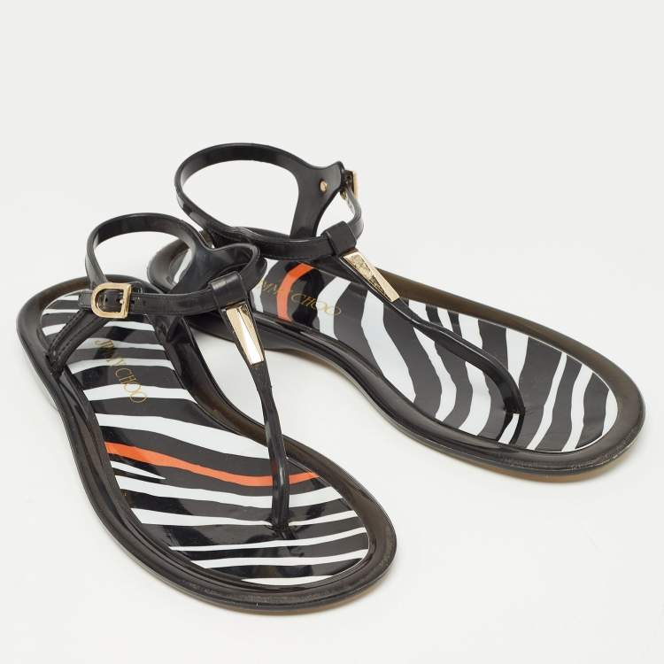 Pre Owned Jimmy Choo Black/White Jelly Thong Sandals Flats Size 40