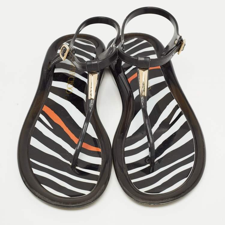 Pre Owned Jimmy Choo Black/White Jelly Thong Sandals Flats Size 40