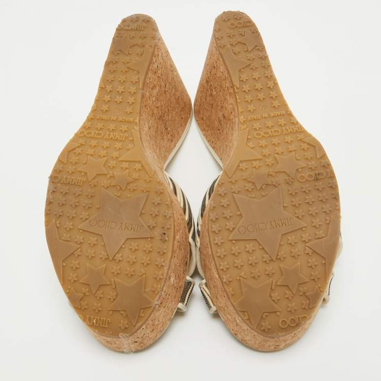Pre Owned Jimmy Choo Cream Leather and Mesh Prima Cork Wedge Sandals Size 40
