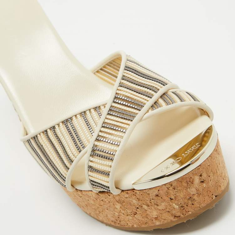 Pre Owned Jimmy Choo Cream Leather and Mesh Prima Cork Wedge Sandals Size 40