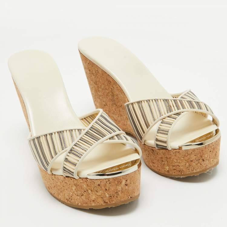 Pre Owned Jimmy Choo Cream Leather and Mesh Prima Cork Wedge Sandals Size 40