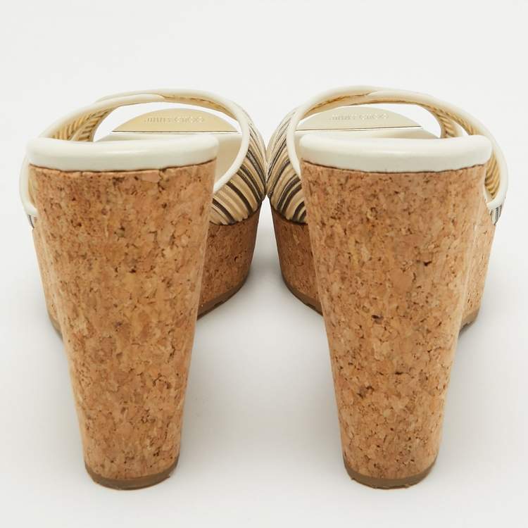 Pre Owned Jimmy Choo Cream Leather and Mesh Prima Cork Wedge Sandals Size 40