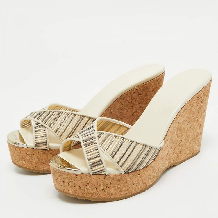 Pre Owned Jimmy Choo Cream Leather and Mesh Prima Cork Wedge Sandals Size 40