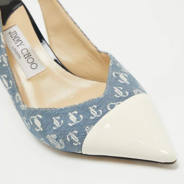 Pre Owned Jimmy Choo Blue/Cream Canvas and Patent  liya Slingback Pumps Size 38