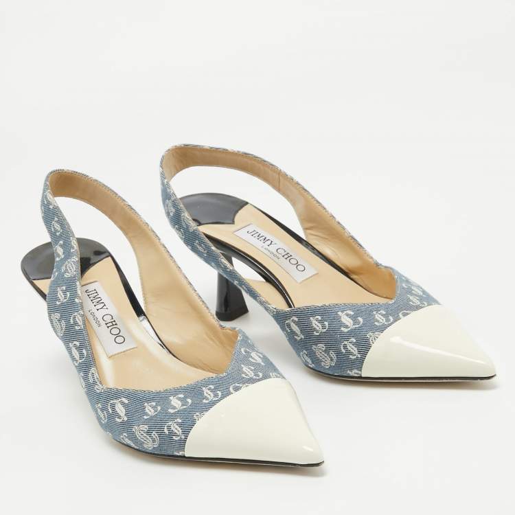 Pre Owned Jimmy Choo Blue/Cream Canvas and Patent  liya Slingback Pumps Size 38