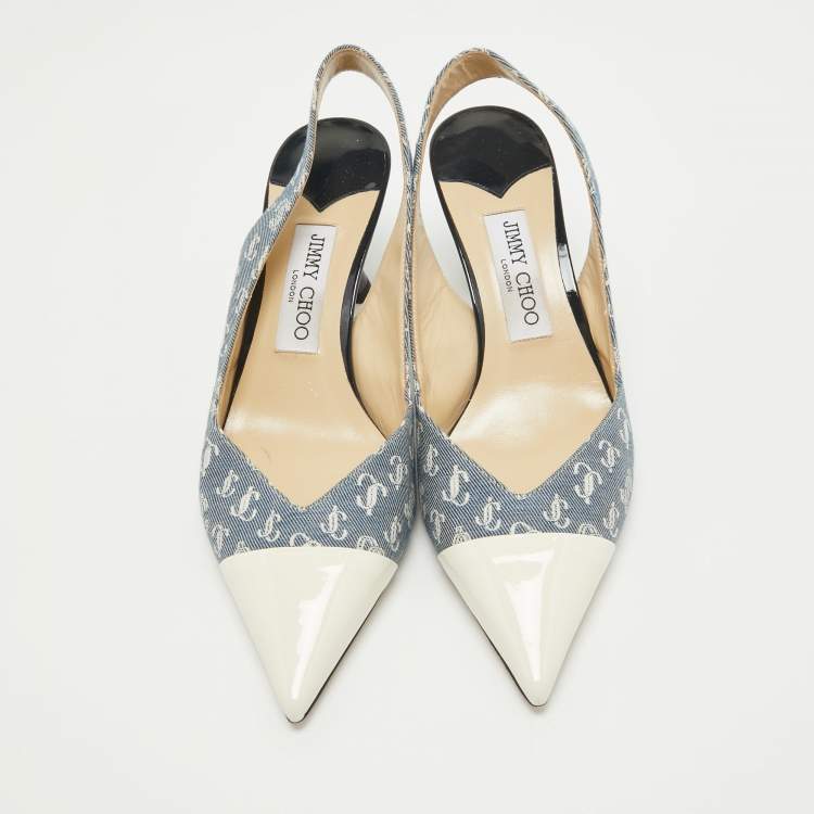 Pre Owned Jimmy Choo Blue/Cream Canvas and Patent  liya Slingback Pumps Size 38