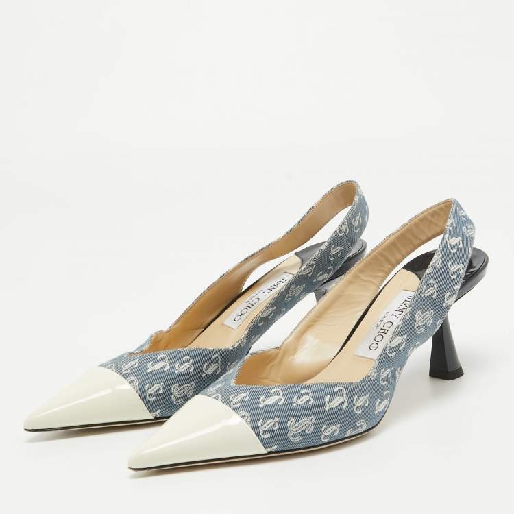 Pre Owned Jimmy Choo Blue/Cream Canvas and Patent  liya Slingback Pumps Size 38