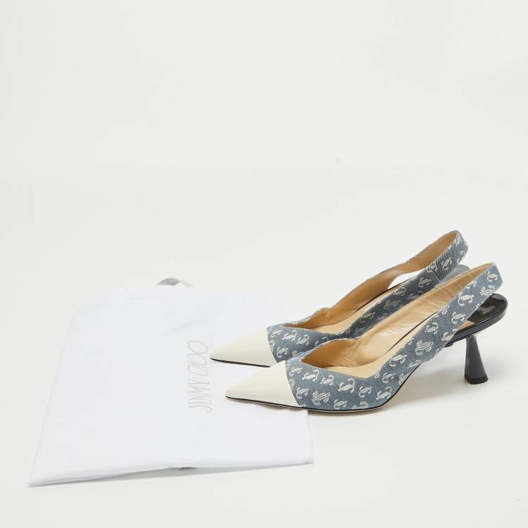 Pre Owned Jimmy Choo Blue/Cream Canvas and Patent  liya Slingback Pumps Size 38