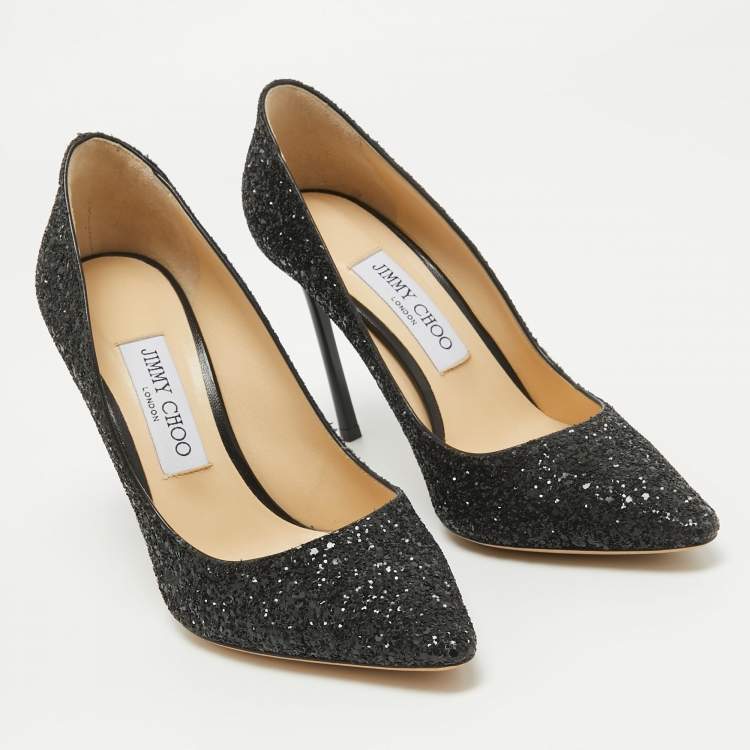 Pre Owned Jimmy Choo Black Coarse Glitter Romy Pumps Size 38