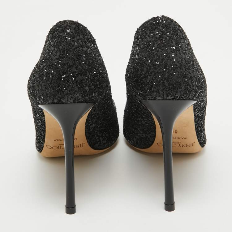 Pre Owned Jimmy Choo Black Coarse Glitter Romy Pumps Size 38